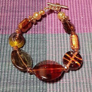 Handmade Fancy Glass Bead Bracelet brown yellow gold tone